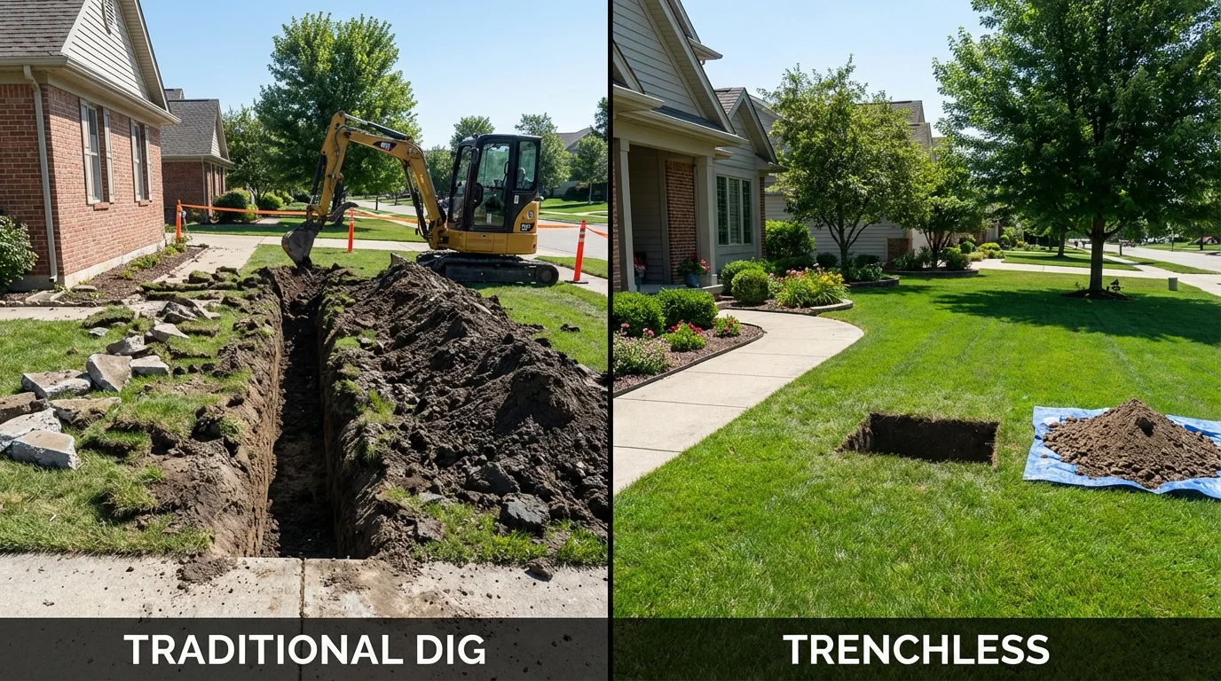 Trenchless sewer repair with minimal yard damage versus traditional excavation in Hebron, NE